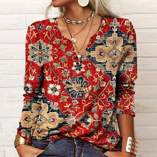 Floral Print Women's Blouse in Cotton-Polyester Blend with V-Neckline for Spring and Autumn Wear-2