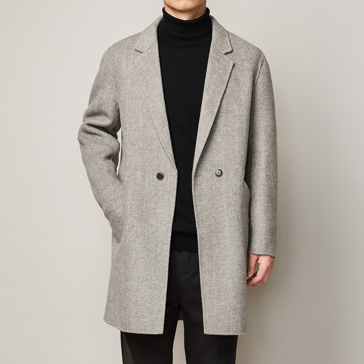 Warm Refined Men Wool Overcoat - Mid Thigh Trench Coat