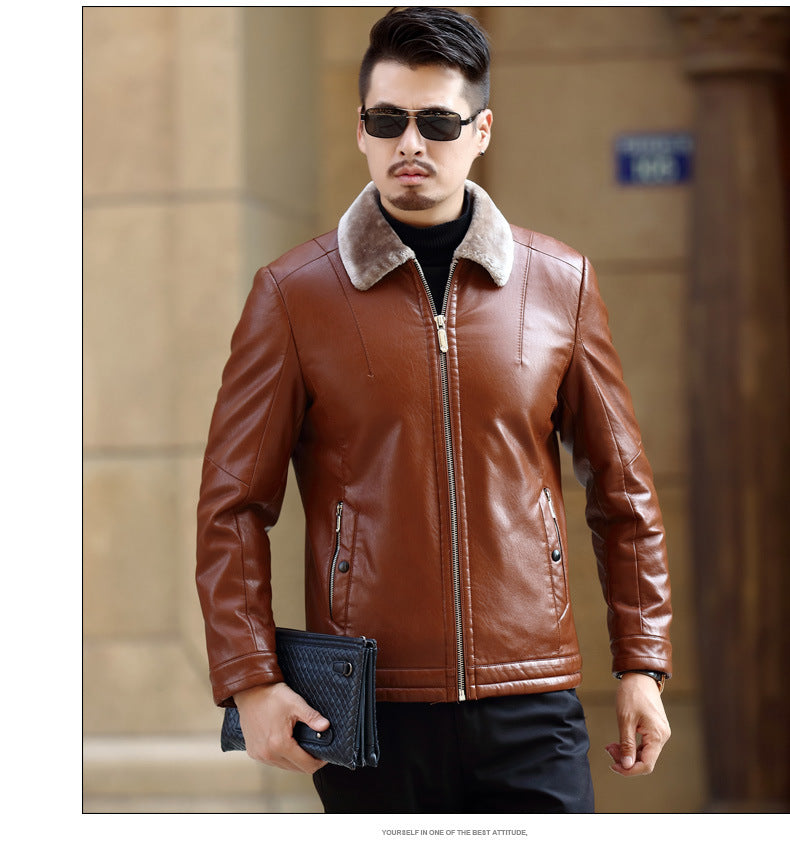 Chaqueta de cuero cálida para hombre – Bomber pulido con cremallera frontal y cuello de borrego, cuero PU, otoño/invierno