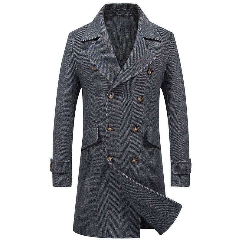 Warm Men's Double-Breasted Coat - Mid-Length, Wool