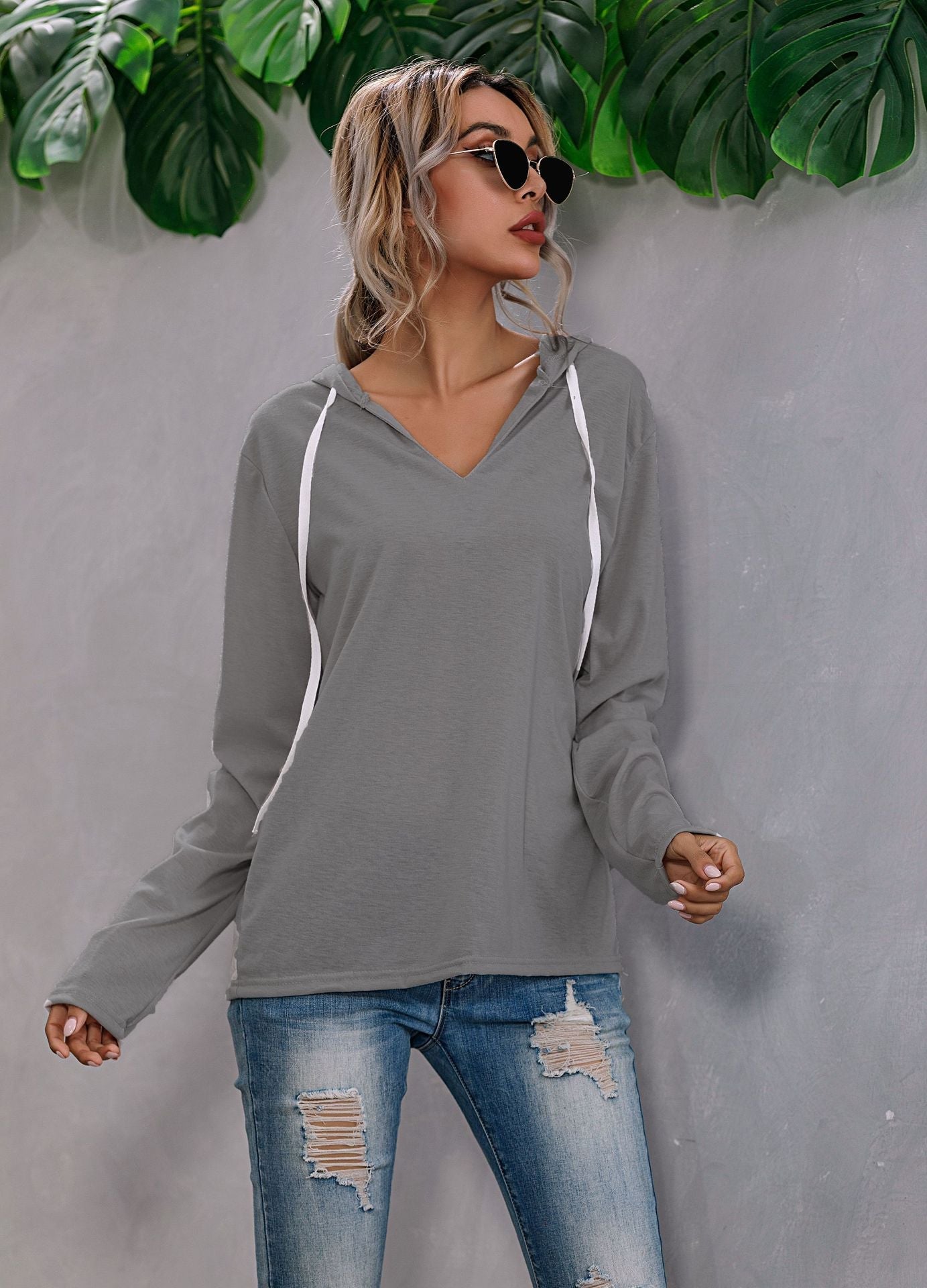 Lightweight Relaxed Womens Hoodie - V Neck, Knit, Everyday