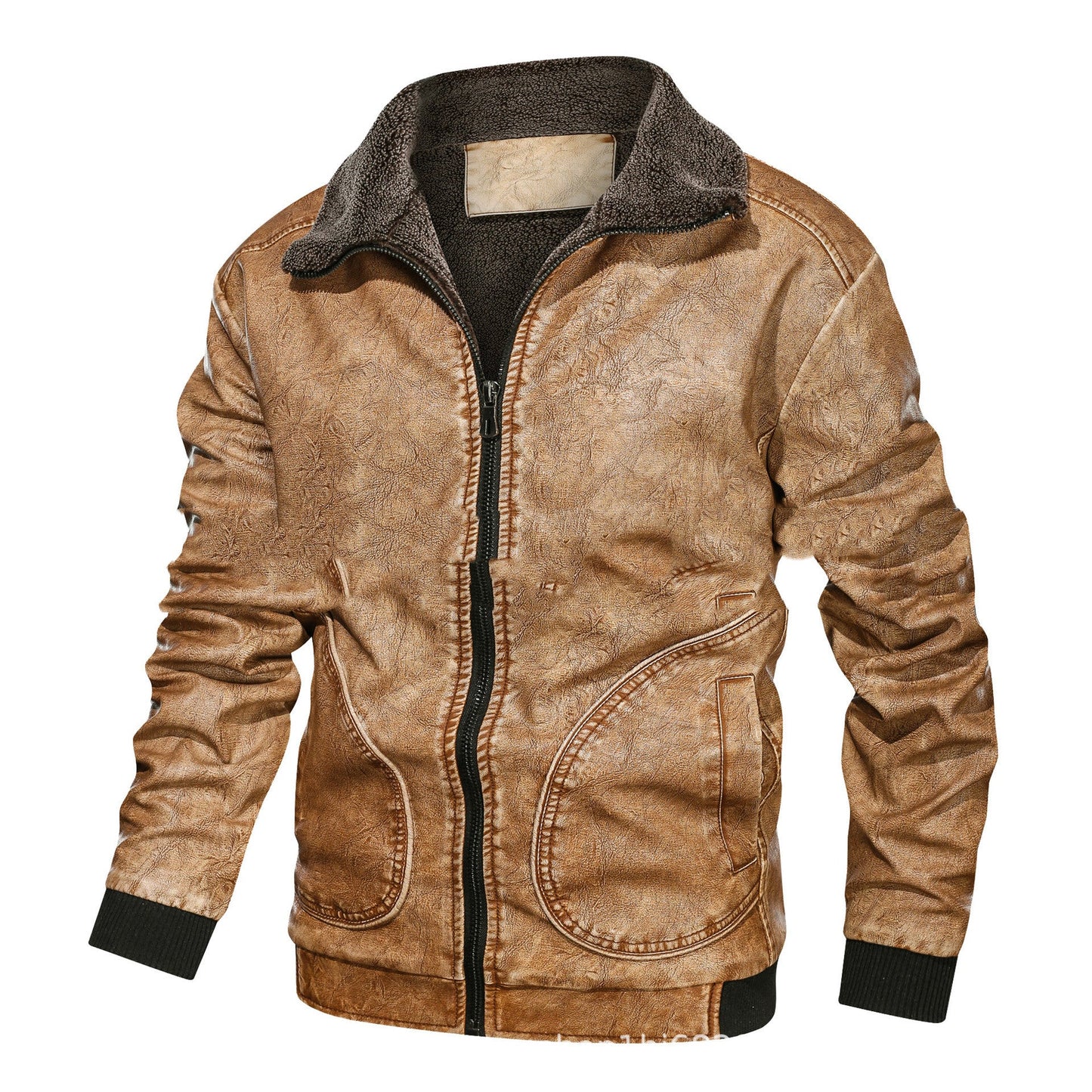 Chaqueta de cuero para hombre con solapa cálida - Forro de terciopelo, cremallera frontal, cuero PU, para uso urbano en invierno
