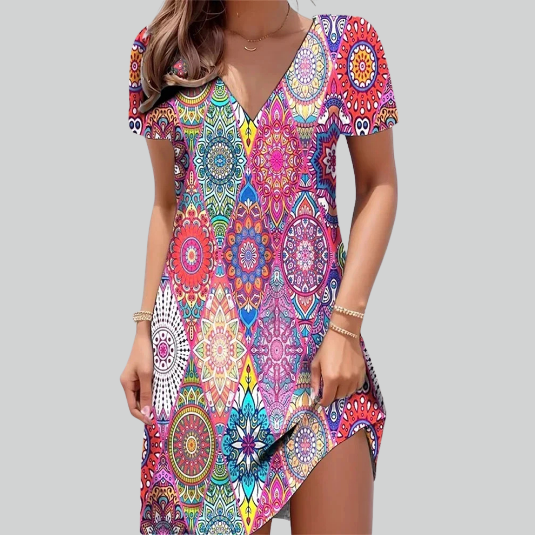 Abiti Donna Retrò Stampa Floreale Etnica Abito Midi Taglia Plus Manica Corta Scollo a V