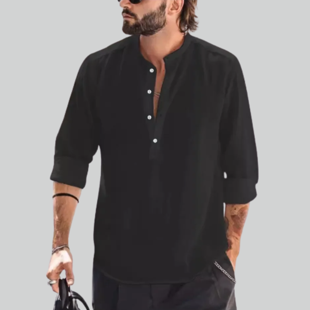 Casual Cotton Linen Shirt - Loose Tops, Long Sleeve, Henry Collar, Solid Blouse