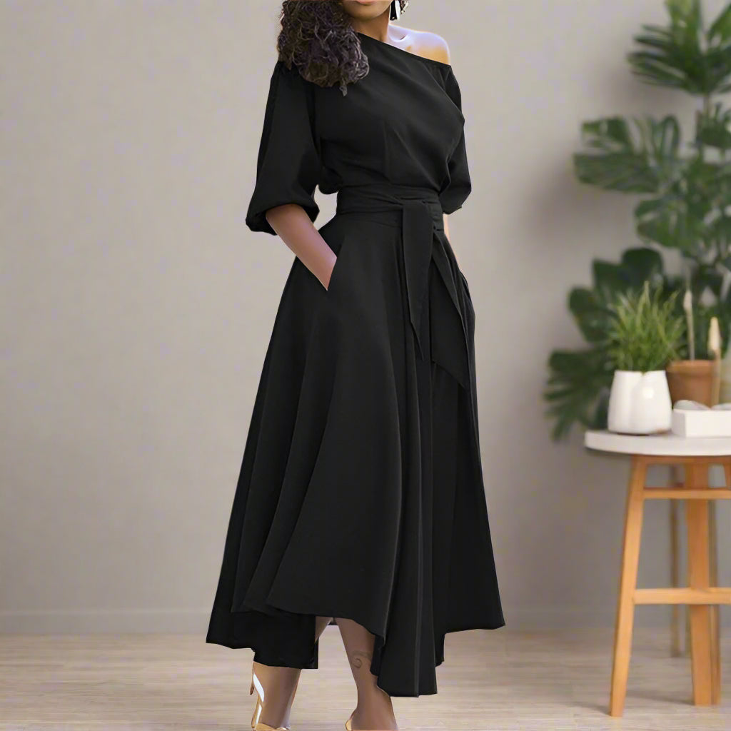 Elegant Midi Dress with Elbow-Length Sleeves and Adjustable Waist for Women-3