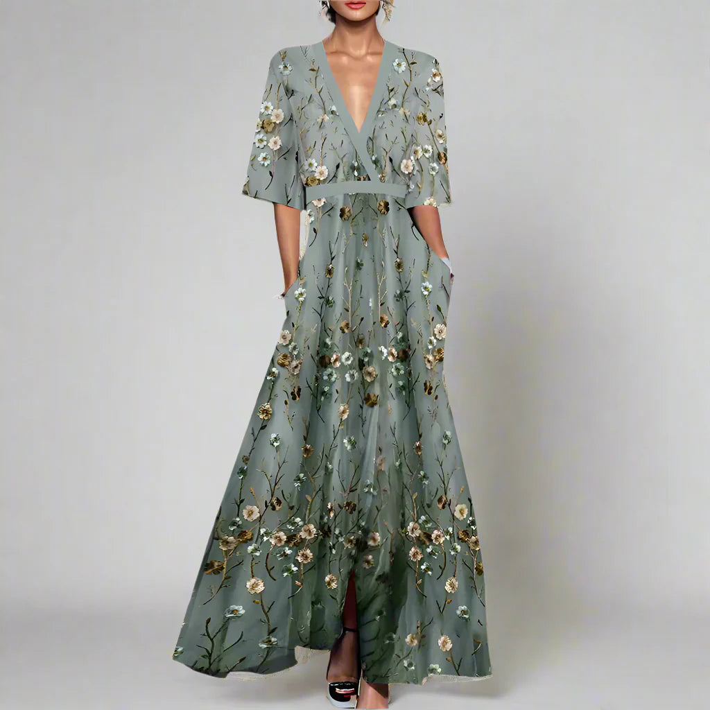 Elegant Green Floral Summer Dress with Mid-Length Sleeves for Wedding Guests and Formal Occasions-2