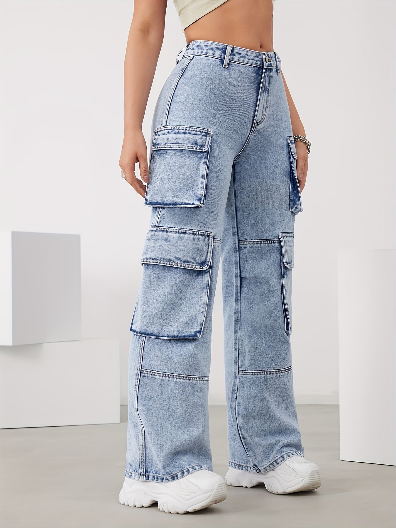 High-Waist Cargo Trousers for Women in Medium Blue, Stretch Fabric, Straight-Leg Fit, Stylish Snowflake Design-5