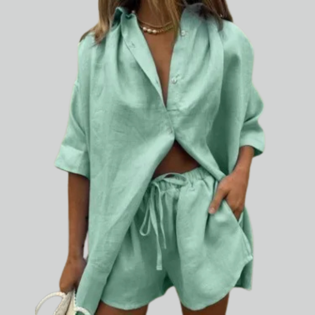 Conjunto de camisa sólida de moda para el hogar, trajes casuales, tops de manga corta y pantalones cortos con cordón para mujer