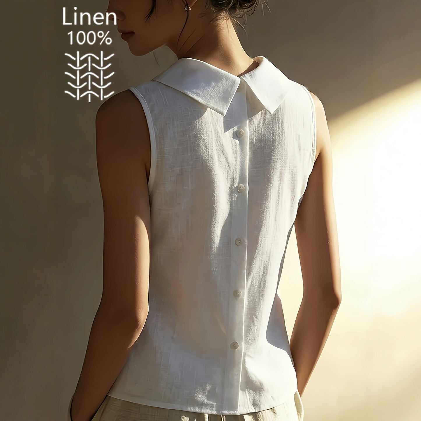 Breathable women's sleeveless shirt - structured stand-collar, linen, office-to-dinner