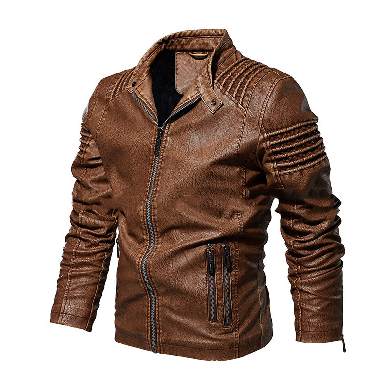 Cazadora de cuero para hombre cálida - clásica chaqueta de motorista con cuello alto, cuero PU con forro de terciopelo, ropa casual de invierno