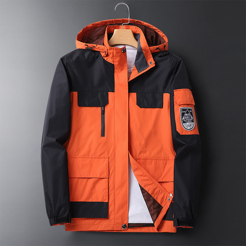 Waterproof Men's Rain Jacket - Hooded Colorblock, Packable