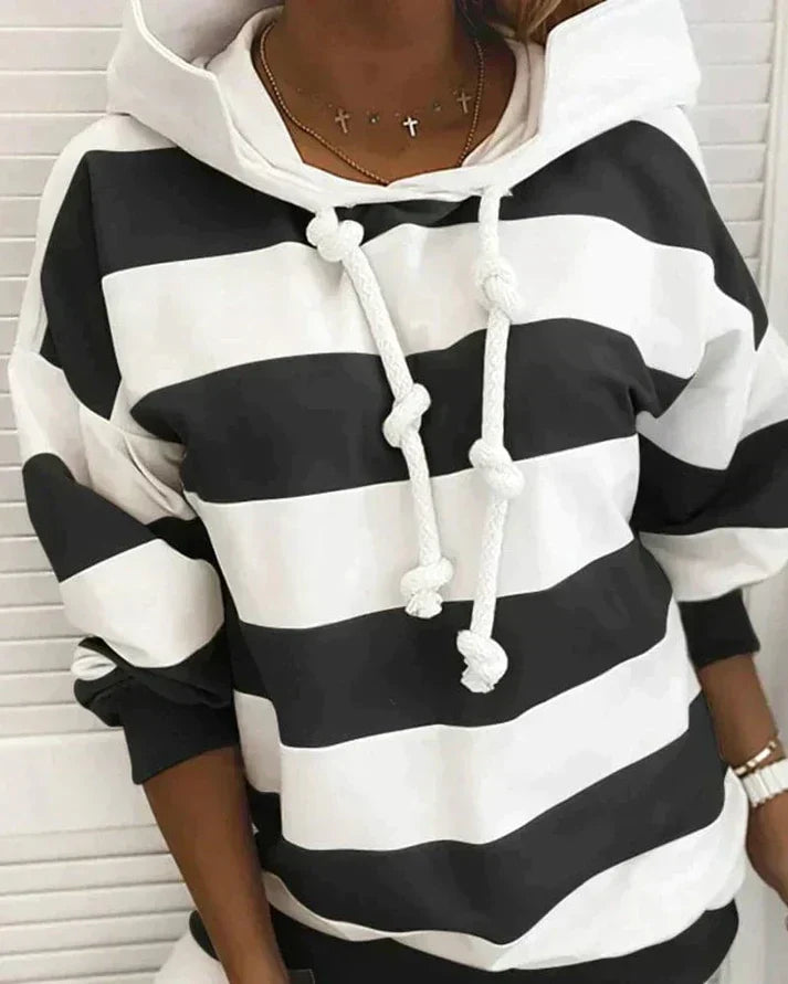 Soft Women’s Hooded Pullover - Striped Relaxed Cotton, Casual