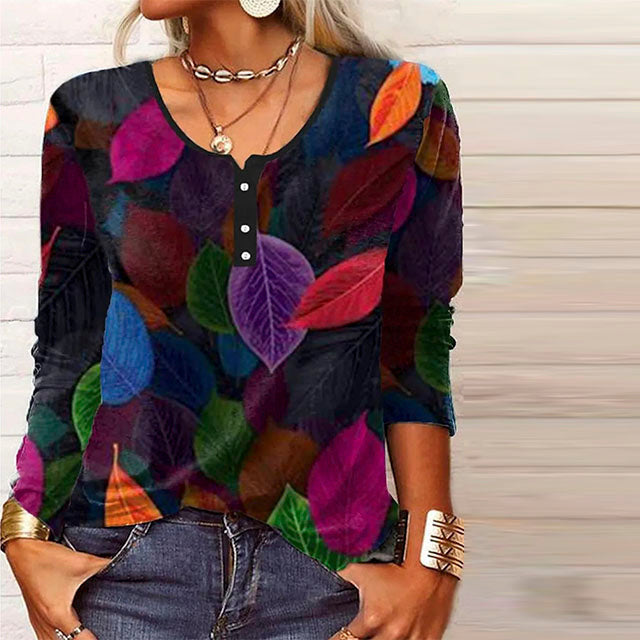 Colorful Leaf Print Womens Blouse, V-Neck Cotton-Polyester Blend Top for Spring, Autumn, and Winter Wear-2