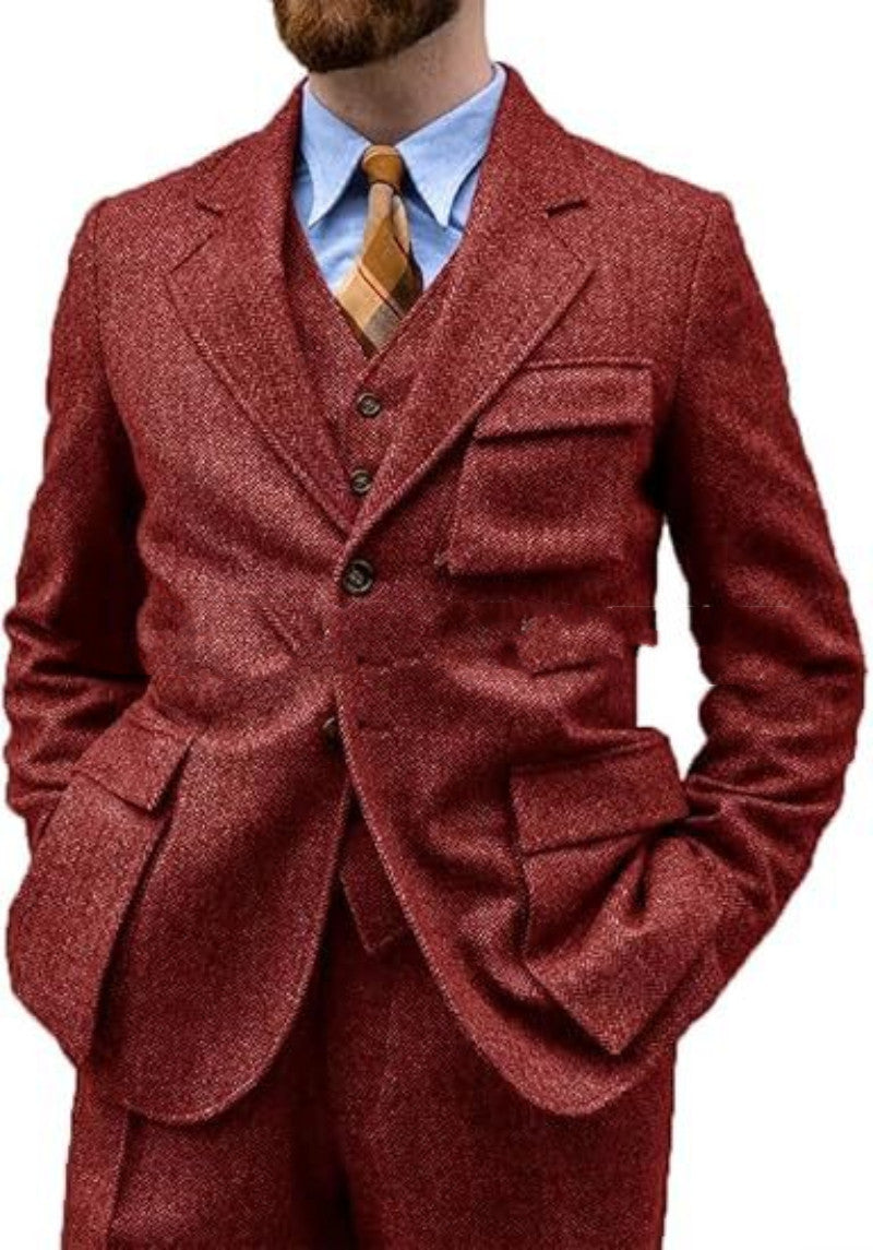 Wrinkle-free men's three-piece suit - slim-fit, herringbone wool, for formal events and business wear