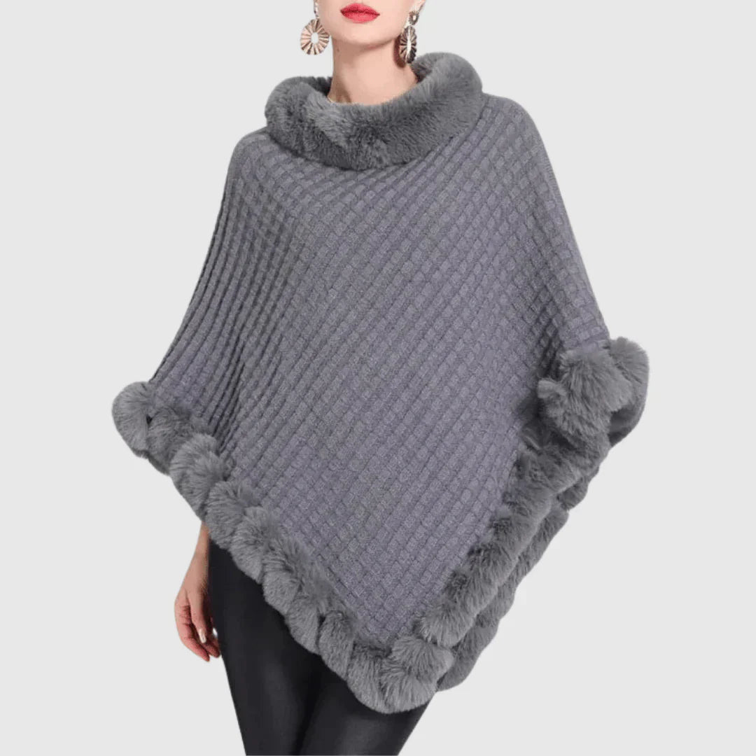 Varm Mysig Damponcho - Polokrage, Ribbstickad, Fuskpäls