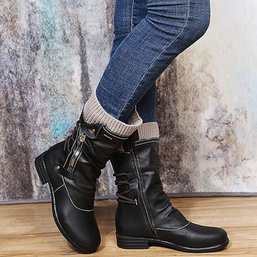 Warm Cozy Women's Mid Calf Winter Boots- Leather, For Winter