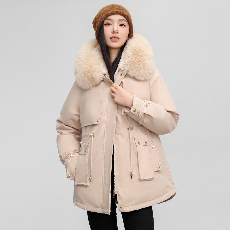 Insulating Womens Parka - Hooded Fur Collar, Cotton Padded
