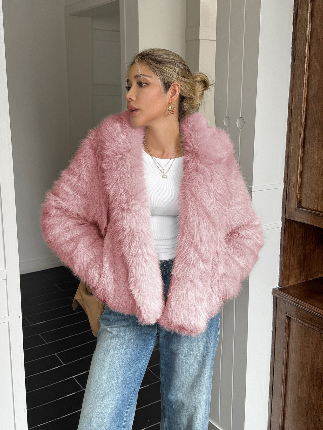 Warme dames fleece jas - boxy heuplengte, nepbont