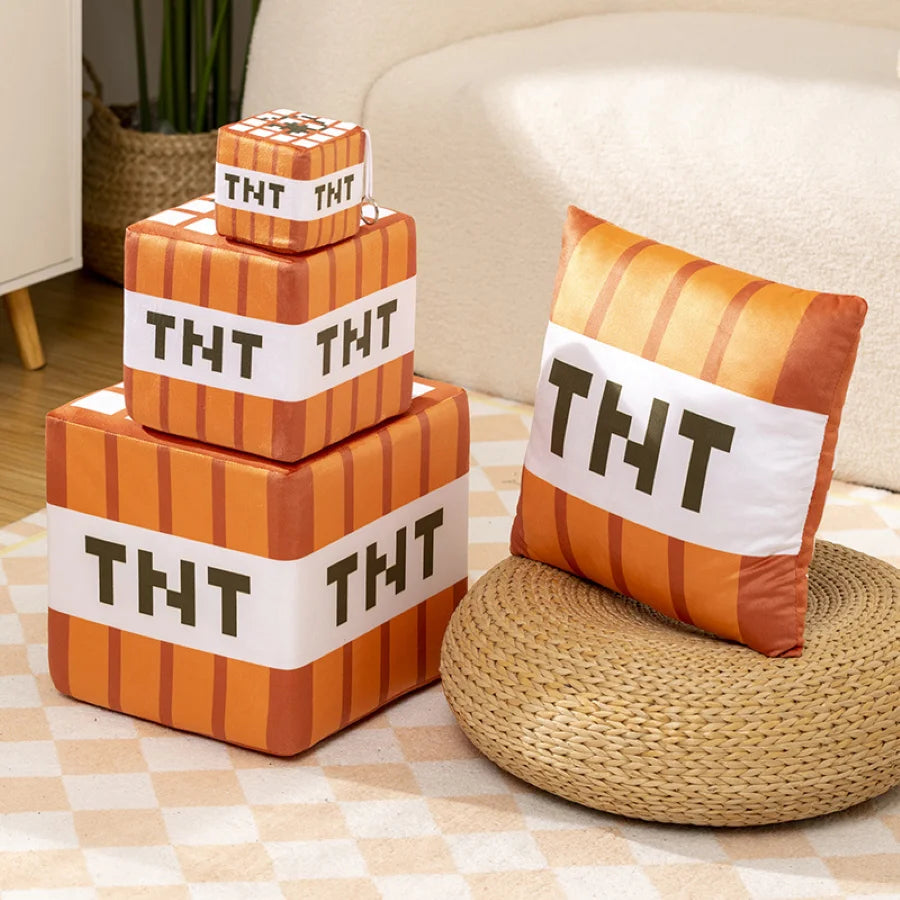 TNT Grass Block Decorative Pillow, Soft Plush Toy for Gaming Room Decor, 12x12 Inches, Green and Brown
