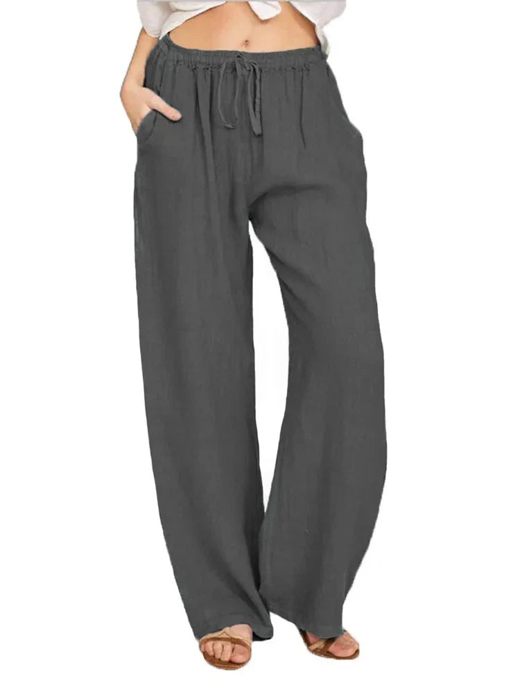 Variant image for Casual Women's Wide Leg Pants, Loose-Fit Cotton Trousers with Drawstring Waist and Pockets, Lightweight Summer Style-31