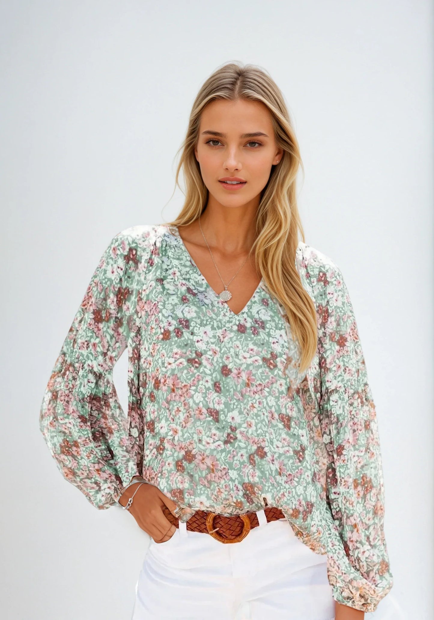 Variant image for Floral Print White Blouse for Women, Lightweight Summer Top, Plus Size Casual Loose Fit in Green, Purple, Pink-19