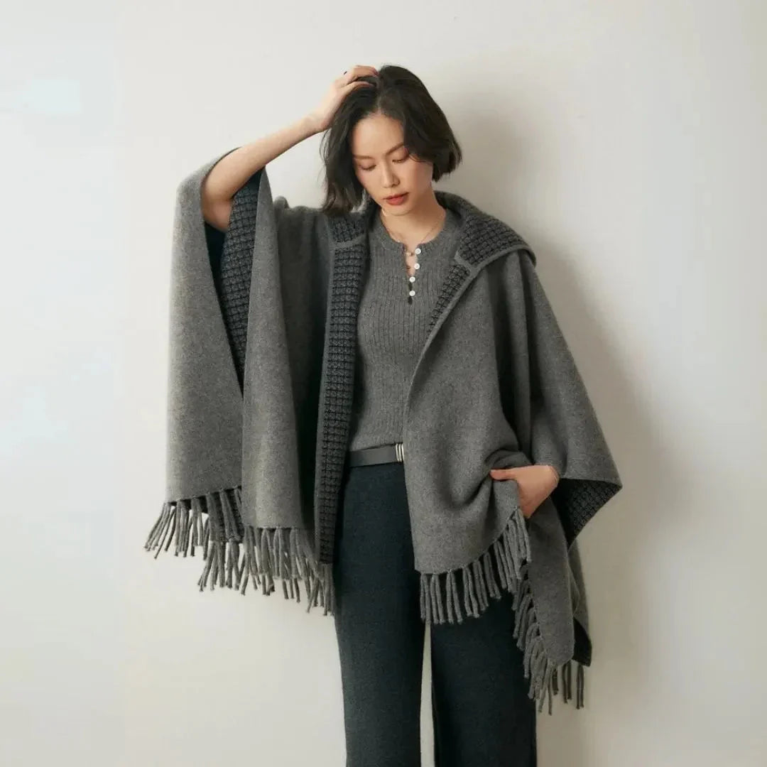 Lightweight Cozy Women's Poncho - Hooded Draped, Cashmere