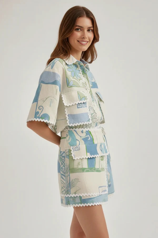 Conjunto suave para mujer con estampado floral y encaje – blusa patchwork y shorts, poliéster, para uso casual