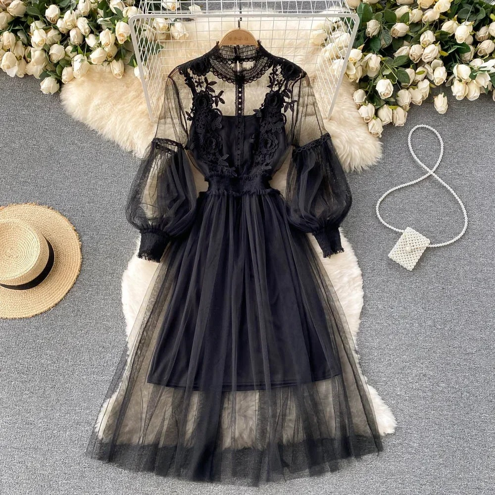 Variant image for Elegant Floral Midi Dress for Women with Lantern Sleeves and Upright Collar - Perfect for Summer Parties and Special Occasions-16