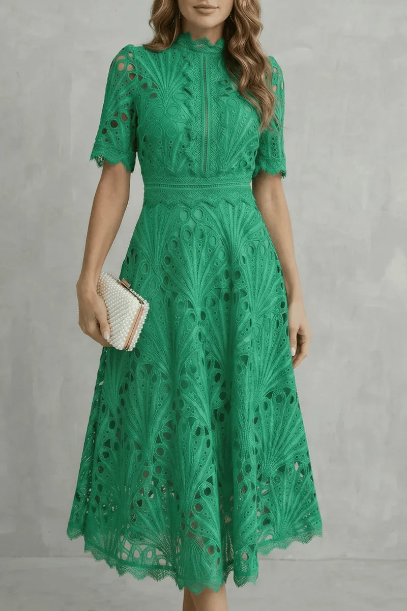 Soft Women's Dress - Lace, Cinched Waist, Short Sleeves, Classic A-Line Silhouette, 100% Polyester, For Occasions