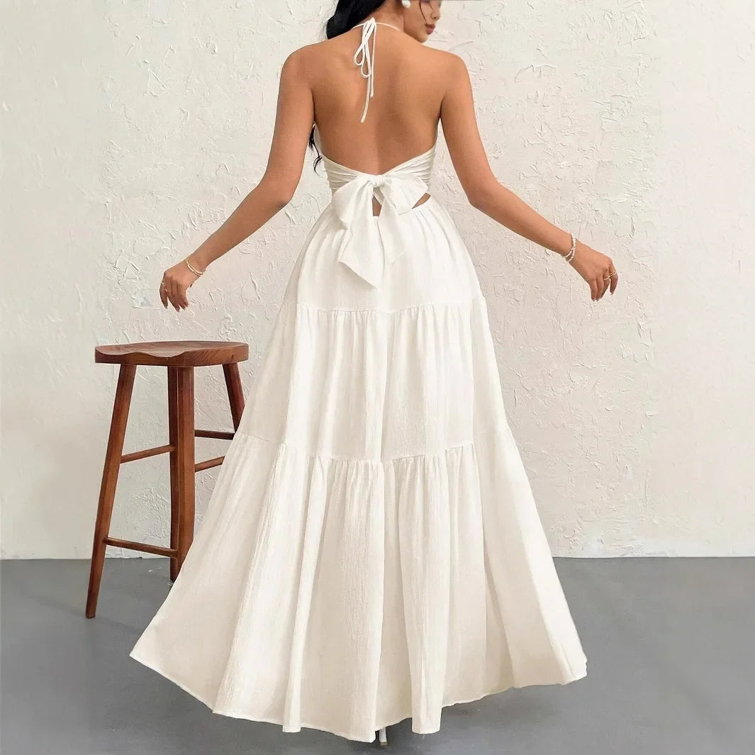 Elegant Backless V-Neck A-Line Dress for Women, Pleated Ankle-Length Summer Wedding Guest Dress 3