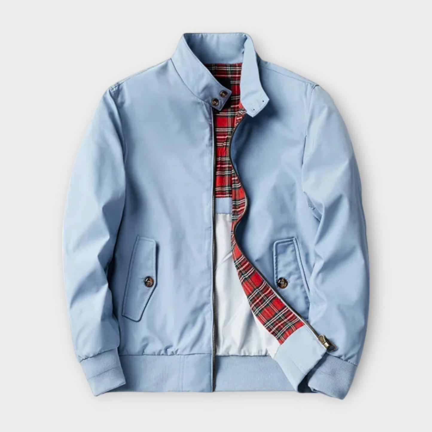 Lightweight Mens Bomber Jacket - Stand Collar, Plaid Lining