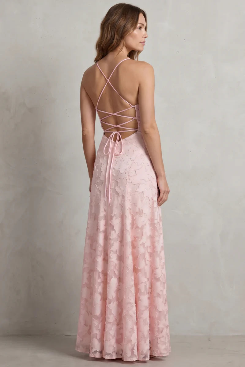 Soft women's dress - backless lace-up, lace-overlay chiffon, for formal occasions
