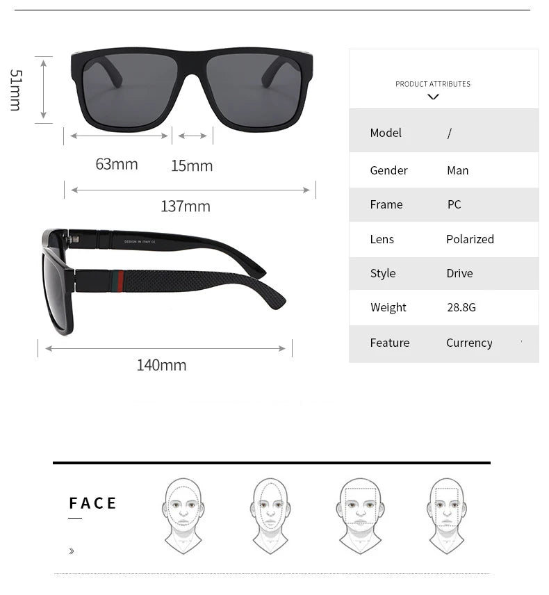 Fashion Square Polarized Sunglasses Men Women Black Sport Shades UV400 Stylish