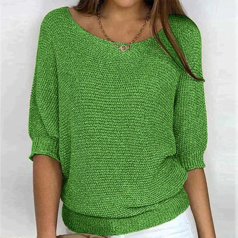 Breathable Relaxed Women Knit Pullover - Wide Neck Textured