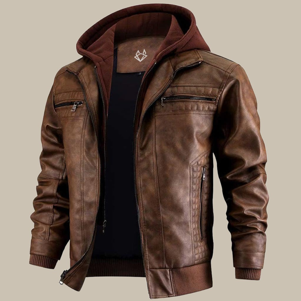 Warm Mens Leather Hooded Jacket - Bomber, Cold Weather