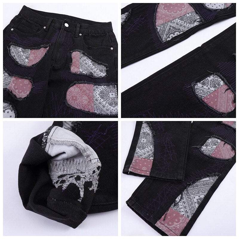 Unique Bandana Patchwork Jeans for Men and Women, Various Fits in Classic Blue Denim and Bold Black Wash-6