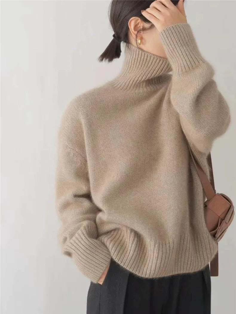 Oversized hyggelig kvindes rullekrave sweater – løs strik