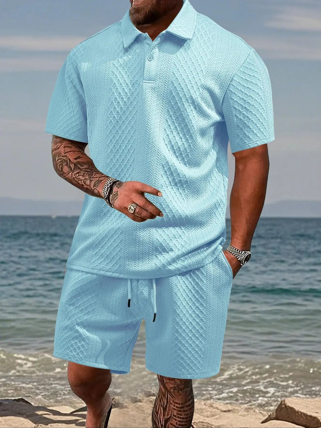 Mens Polo Shirt in Jacquard Fabric, Breathable Short-Sleeved Casual Shirt for Summer Wear 6