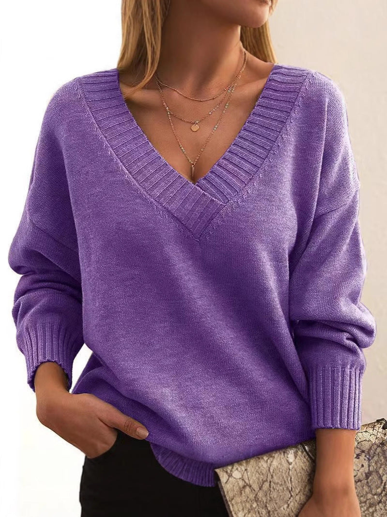 Soft Relaxed Women V-Neck Sweater - Ribbed Knit Layering