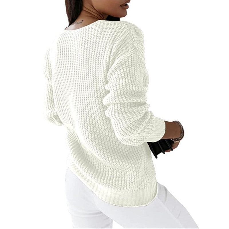 Pull tricoté chaud et confortable pour femme - Col en V torsadé, superposable