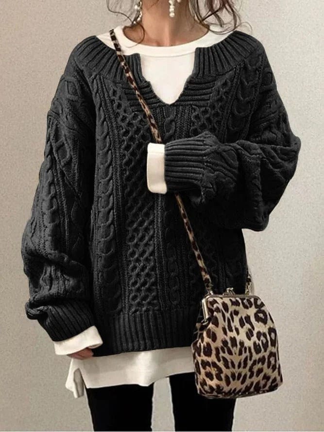 Oversized Women’s Cable Knit Sweater - V Neck, Knit Winter