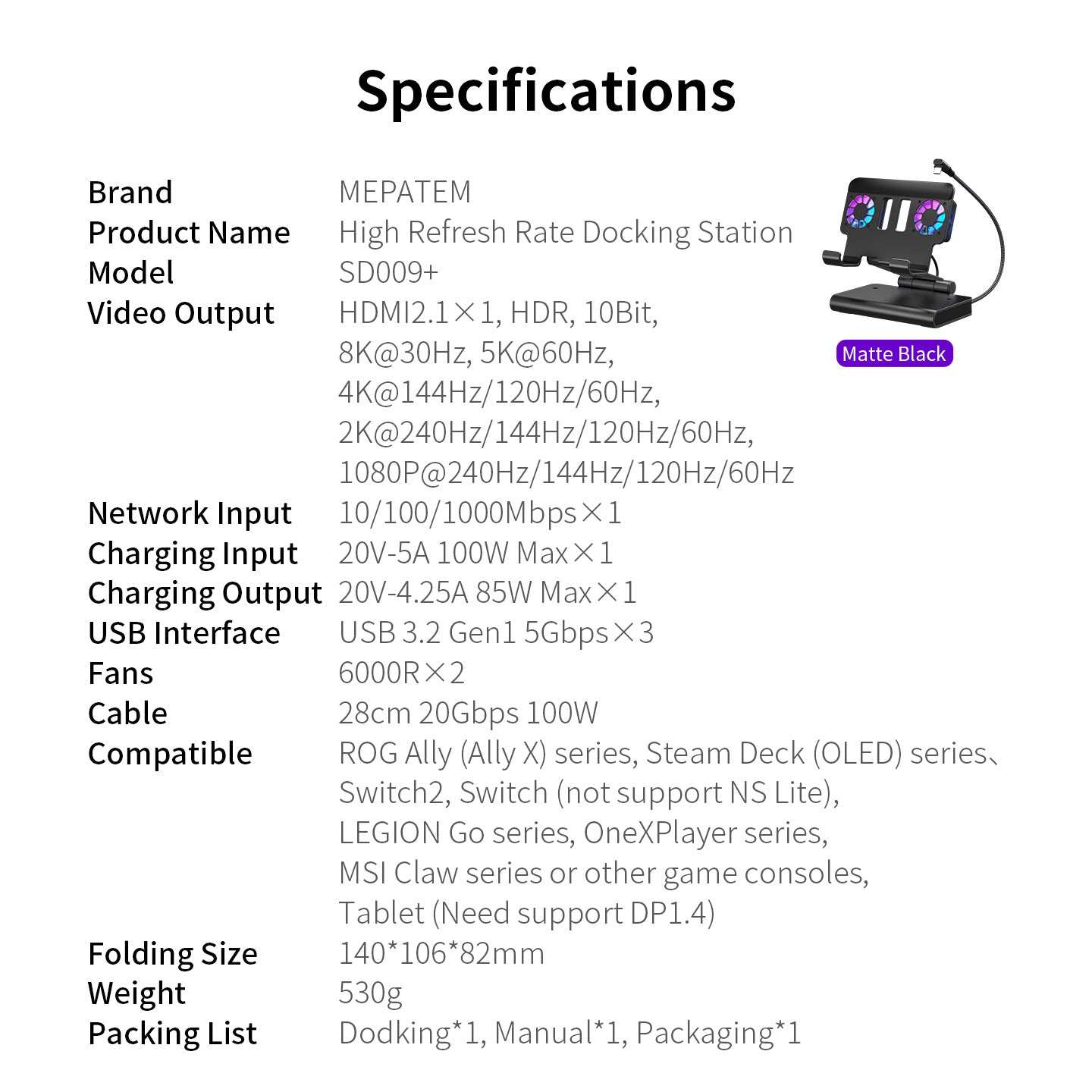 Stazione di ancoraggio 100W con doppie ventole Dock di gioco HDMI 4K