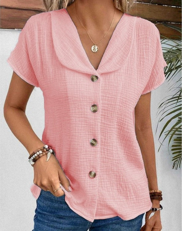 Variant image for Chic Women's Blouse, Relaxed Fit Summer Top with Button-Down Design and Short Sleeves, Breathable Fabric-11