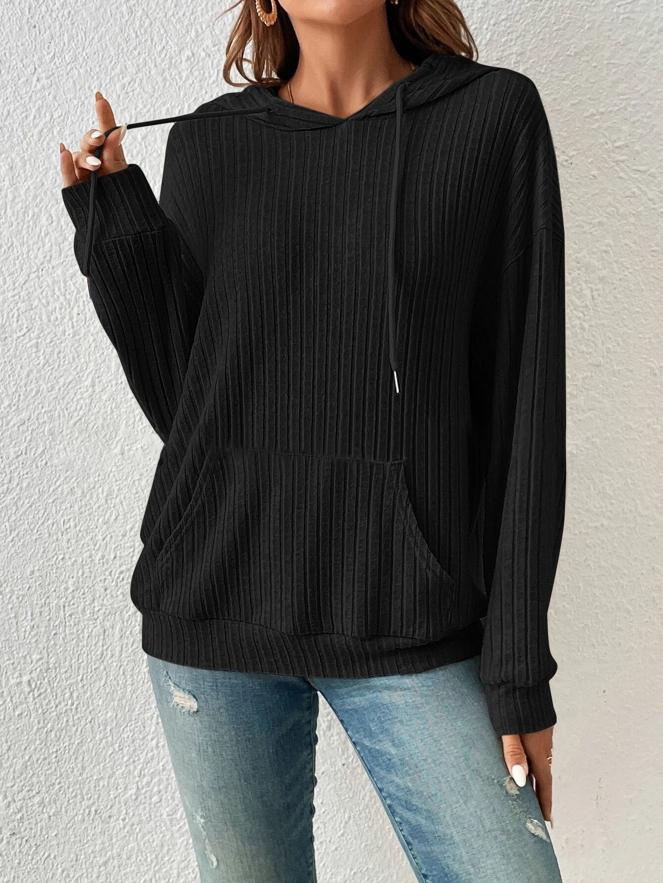 Mjuk Avslappnad Damhoodie - Ribbstickad, Bomull, Casual