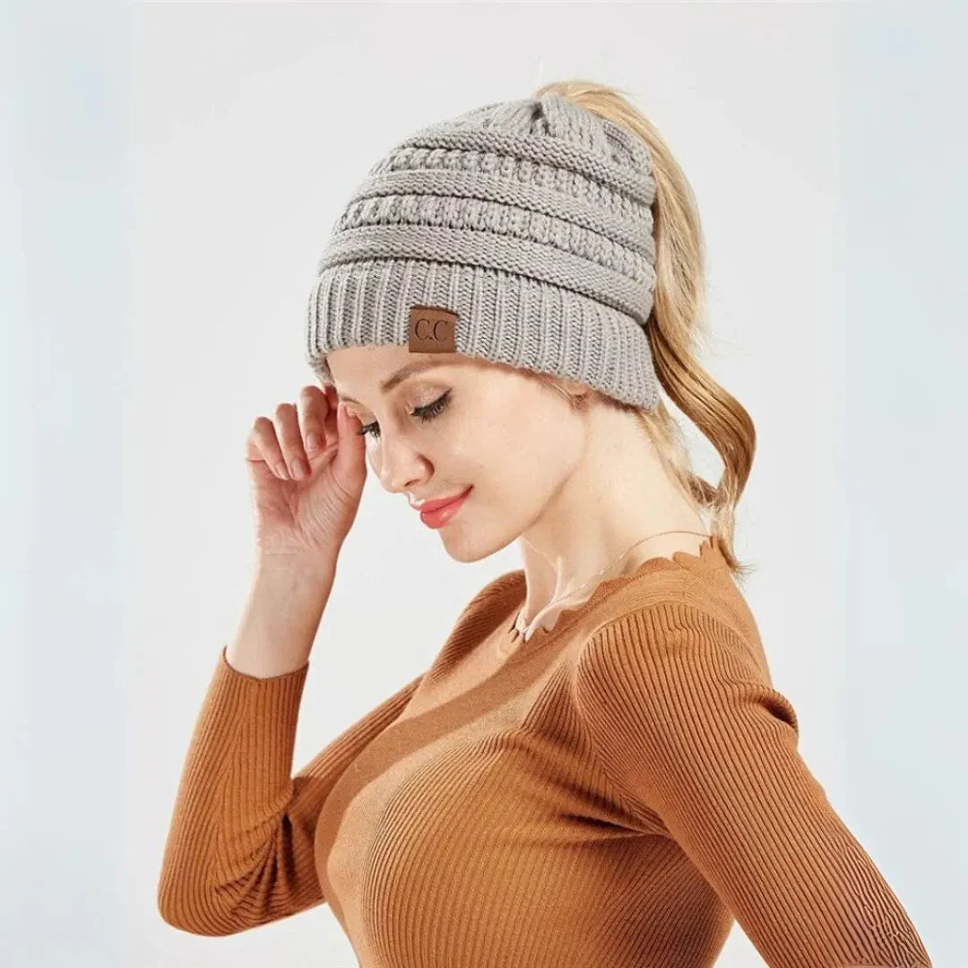Warm Cozy Women's Ponytail Beanie - Ribbed Knit, Winter