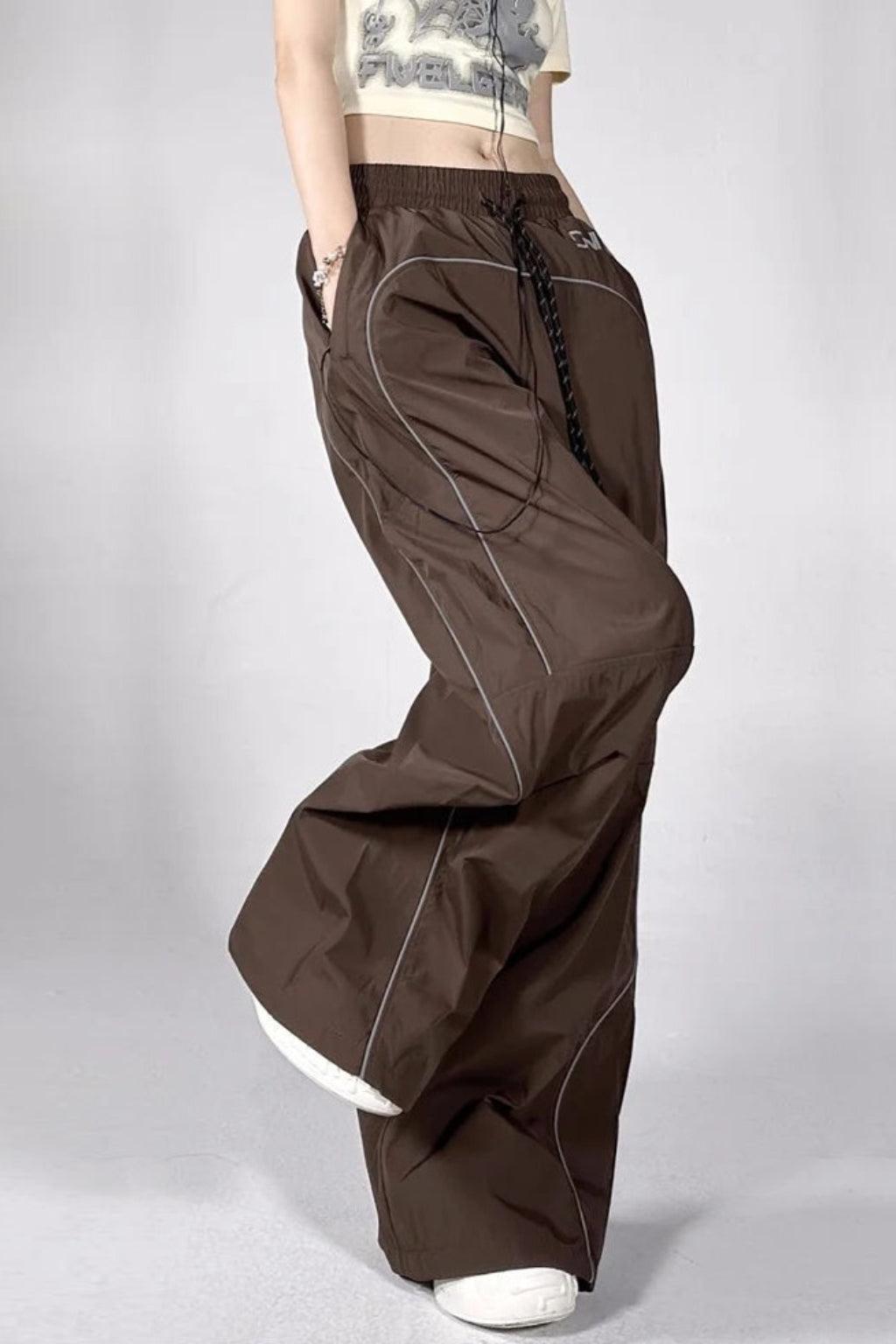 Brown Parachute Pants with Adjustable Drawcord, Six-Pocket Design, Oversized Fit for Casual and Urban Wear-3