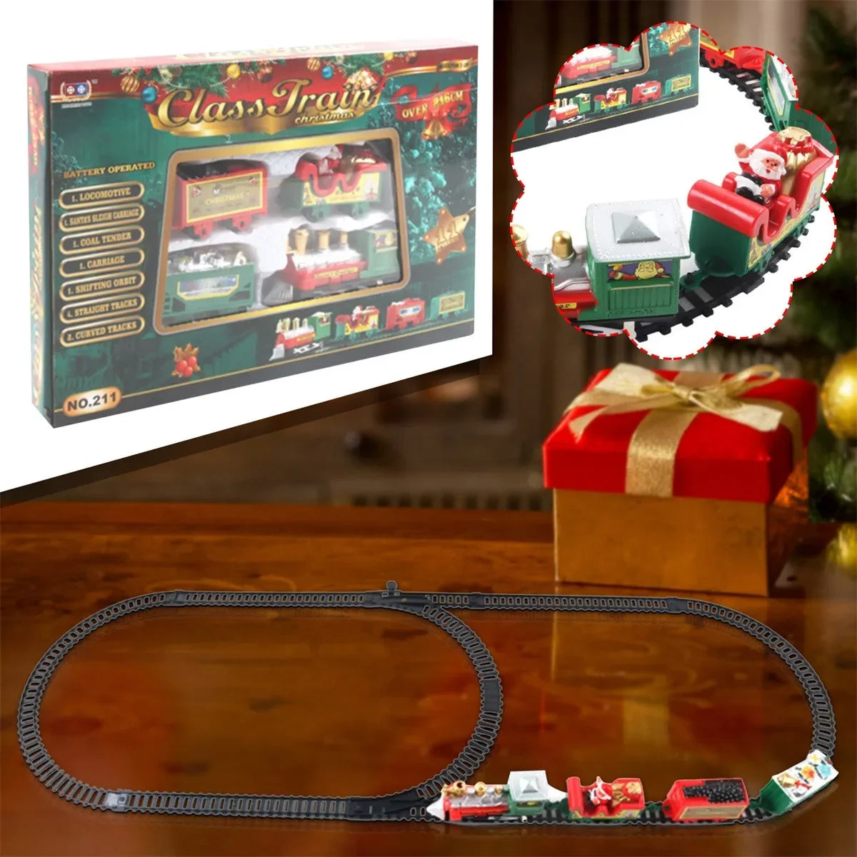 Juego de tren eléctrico navideño ecológico: vía para niños, regalo navideño seguro y decoración de árboles con tema de Papá Noel 216 cm (85 pulgadas)