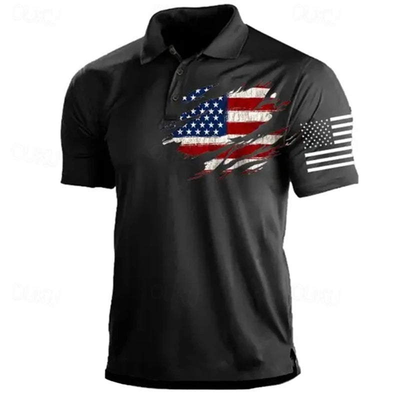 Lightweight men's polo shirt - classic polo, 3D American flag print, casual everyday wear