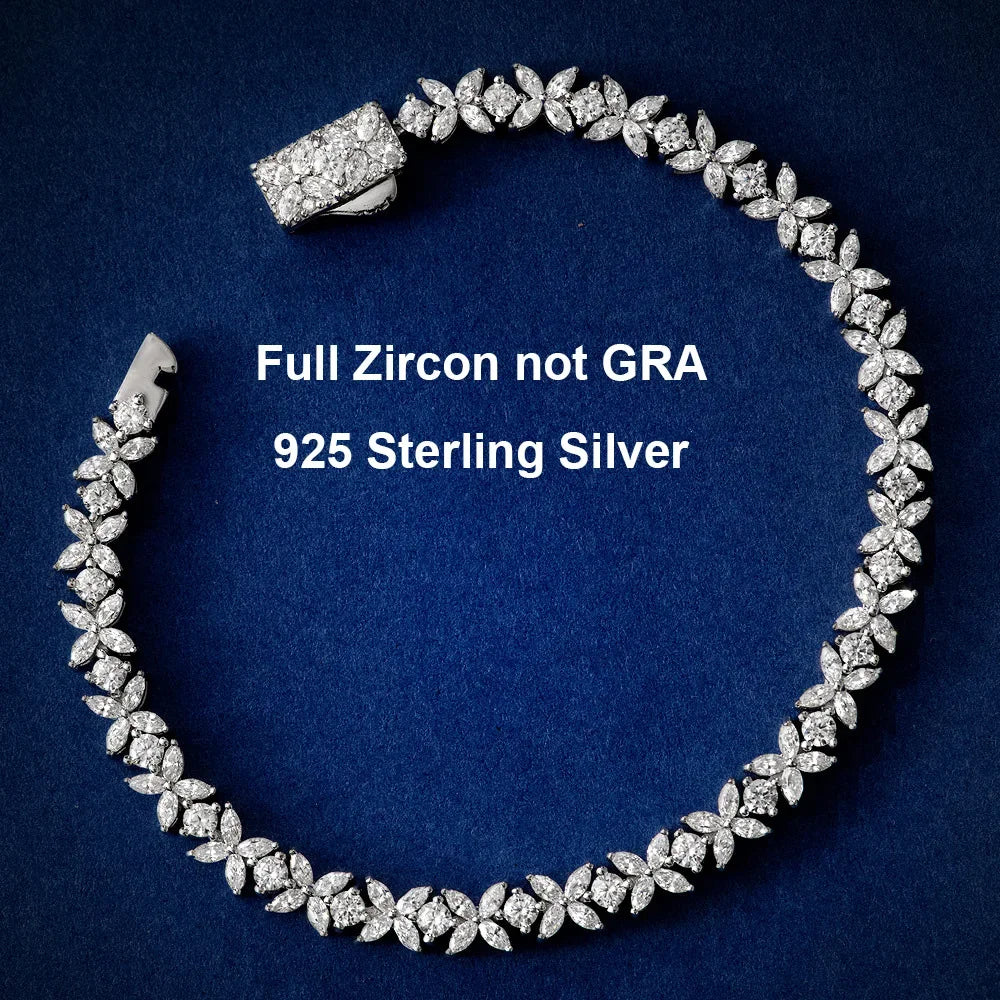 Pulsera de tenis de moissanita en plata de ley floral nupcial