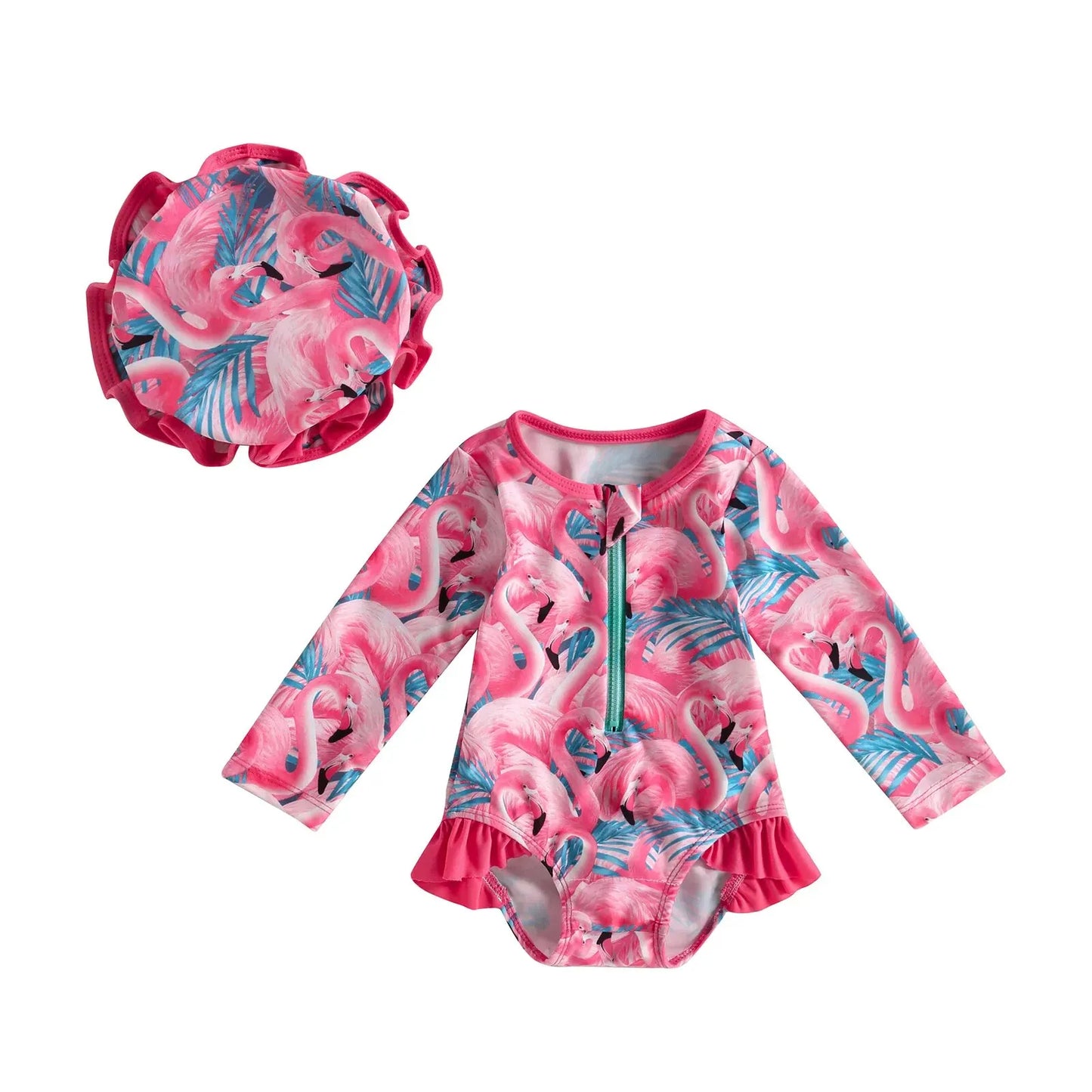 Lett badedrakt til spedbarnsjente – heldrakt med langermet glidelås, flamingo blomsterprint, polyester, til sommer